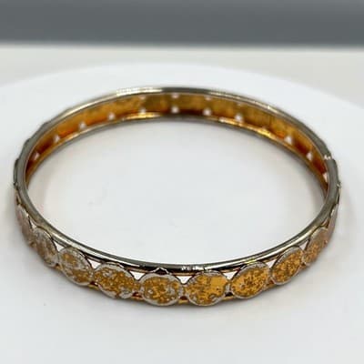 Vintage Two Tone Mixed Metal Bangle Bracelet Embossed Coin Design Boho Jewelry - Image 1