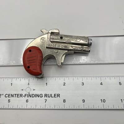 Vintage Style Miniature Derringer Pistol Lighter Novelty Silver Tone Red Grip - Thumbnail 9