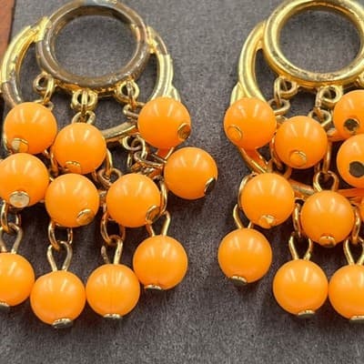 Vintage Gold Tone Clip On Dangle Chandelier Earrings Orange Beaded Triple Tier - Thumbnail 3
