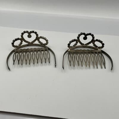 Vintage Silver Tone Hair Combs Rhinestone Heart Tiara Bridal Wedding Set of 2 - Thumbnail 7