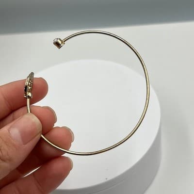 Vintage Gold Tone Open Cuff Bangle Bracelet Rhinestone Pave Leaf & Round Crystal - Thumbnail 4