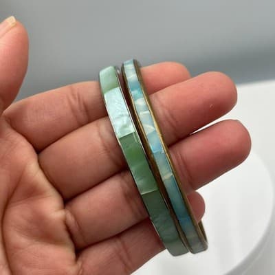 Vintage Set of 2 Inlay Bangle Bracelets Green Blue Shell Look Slim Stackable - Thumbnail 5