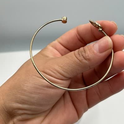 Vintage Gold Tone Open Cuff Bangle Bracelet Rhinestone Pave Leaf & Round Crystal - Thumbnail 6