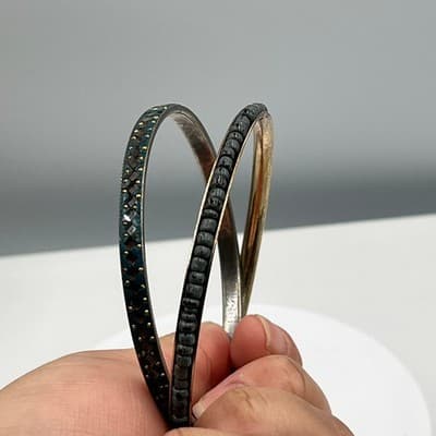 Vintage Gold Tone Bangle Bracelet Set Blue Seed Beads Glitter Mirror Inlay Boho - Thumbnail 7