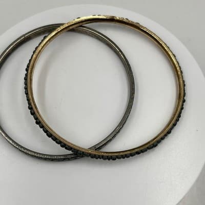 Vintage Gold Tone Bangle Bracelet Set Blue Seed Beads Glitter Mirror Inlay Boho - Thumbnail 2