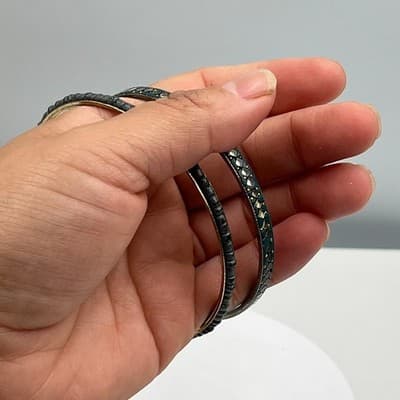 Vintage Gold Tone Bangle Bracelet Set Blue Seed Beads Glitter Mirror Inlay Boho - Thumbnail 6