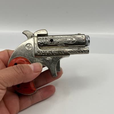 Vintage Style Miniature Derringer Pistol Lighter Novelty Silver Tone Red Grip - Thumbnail 4