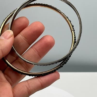 Vintage Gold Tone Bangle Bracelet Set Blue Seed Beads Glitter Mirror Inlay Boho - Thumbnail 5