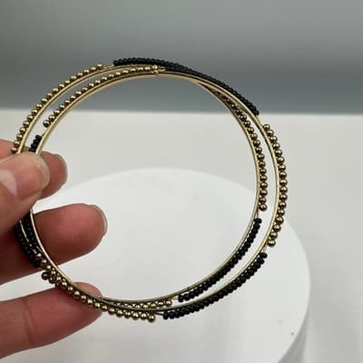 Vintage Set of 2 Gold Tone Bangle Bracelets Black Seed Bead & Gold Ball Detail - Thumbnail 5