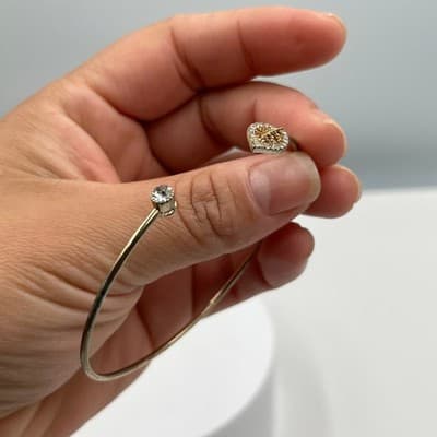 Vintage Gold Tone Open Cuff Bangle Bracelet Rhinestone Pave Leaf & Round Crystal - Thumbnail 7