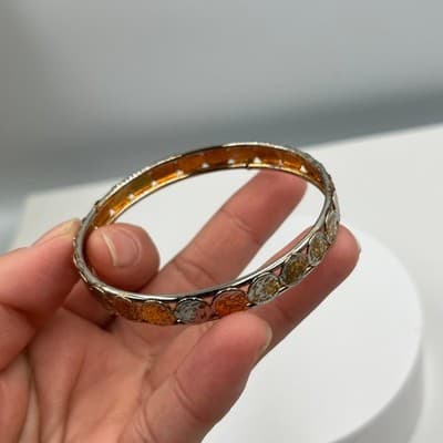 Vintage Two Tone Mixed Metal Bangle Bracelet Embossed Coin Design Boho Jewelry - Thumbnail 4