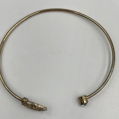 Vintage Gold Tone Open Cuff Bangle Bracelet Rhinestone Pave Leaf & Round Crystal - Thumbnail 2