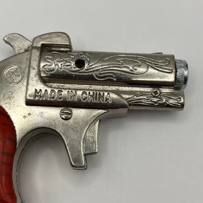 Vintage Style Miniature Derringer Pistol Lighter Novelty Silver Tone Red Grip - Thumbnail 2