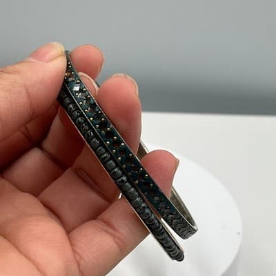 Vintage Gold Tone Bangle Bracelet Set Blue Seed Beads Glitter Mirror Inlay Boho - Thumbnail 4