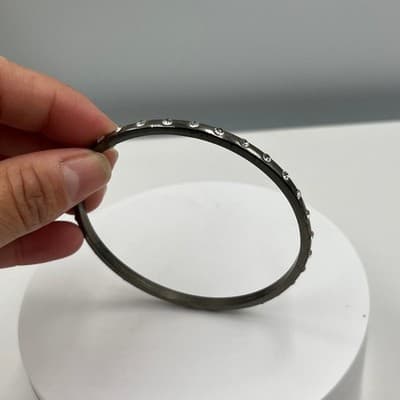 Vintage Gunmetal Tone Bangle Bracelet Rhinestone Accents Grey Sparkle Stackable - Thumbnail 3