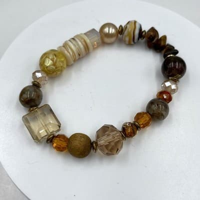 Vintage Mixed Bead Stretch Bracelet Neutral Brown Gold Tone Glass Acrylic Boho - Thumbnail 2