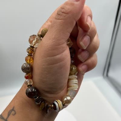 Vintage Mixed Bead Stretch Bracelet Neutral Brown Gold Tone Glass Acrylic Boho - Thumbnail 5