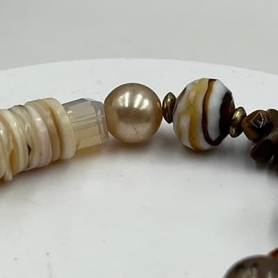 Vintage Mixed Bead Stretch Bracelet Neutral Brown Gold Tone Glass Acrylic Boho - Thumbnail 4