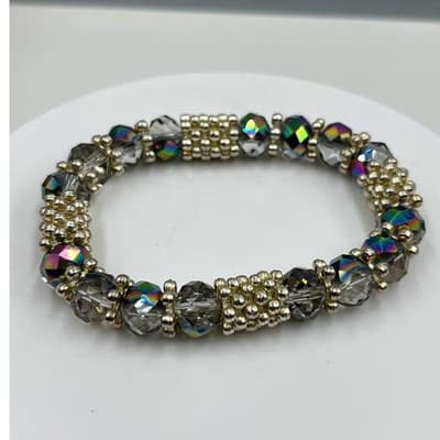 Vintage Iridescent Crystal Beaded Bracelet Silver Tone 7 Inch Aurora Borealis AB - Image 1
