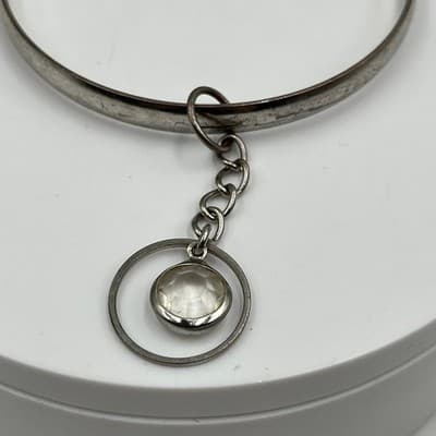 Vintage Silver Tone Bangle Bracelet Clear Faceted Crystal Dangle Charm Boho Gift - Thumbnail 3