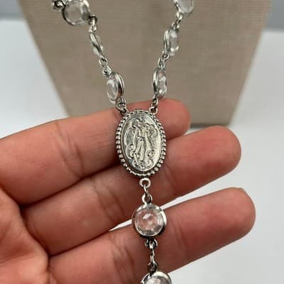 Vintage Clear Beaded Rosary Style Necklace Silver Tone Heart Key Pendant Long - Thumbnail 4