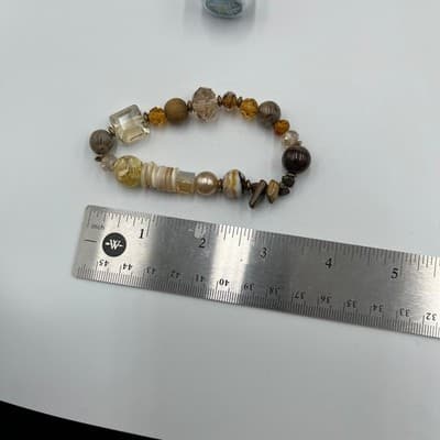 Vintage Mixed Bead Stretch Bracelet Neutral Brown Gold Tone Glass Acrylic Boho - Thumbnail 6