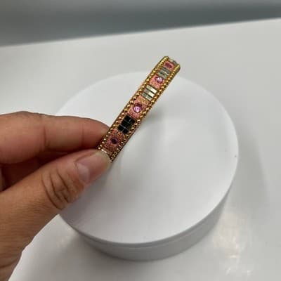 Vintage Gold Tone Bangle Bracelet Pink Rhinestone Glitter Mirror Inlay Stackable - Thumbnail 3