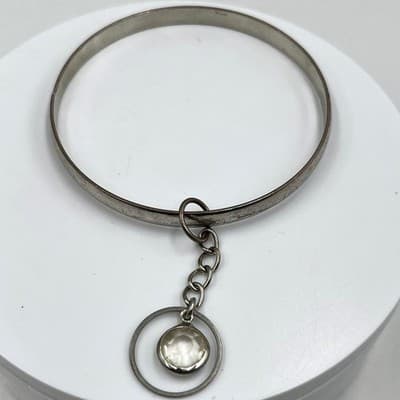 Vintage Silver Tone Bangle Bracelet Clear Faceted Crystal Dangle Charm Boho Gift - Image 1