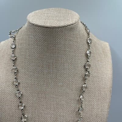 Vintage Clear Beaded Rosary Style Necklace Silver Tone Heart Key Pendant Long - Thumbnail 2