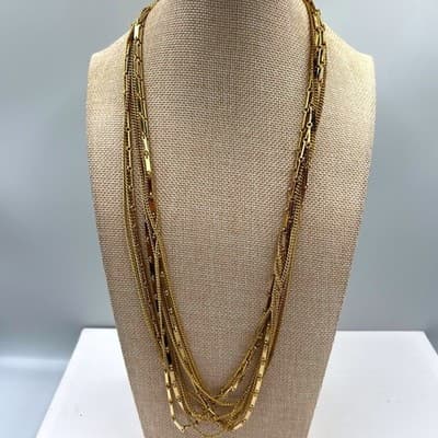 Vintage Gold Tone Fashion Multi Strand Chain Necklace Layered Bar Link Statement - Image 1