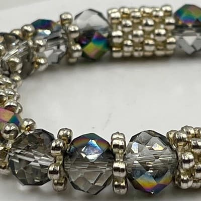 Vintage Iridescent Crystal Beaded Bracelet Silver Tone 7 Inch Aurora Borealis AB - Thumbnail 4