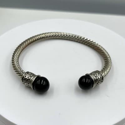 Vintage Silver Tone Twisted Cable Cuff Bracelet Black Bead Filigree Statement - Image 1