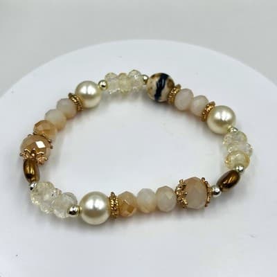 Vintage Neutral Beaded Stretch Bracelet Faux Pearl Gold Tone Mixed Beads Boho - Image 1