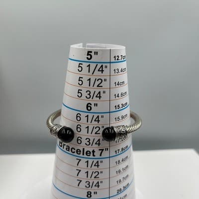 Vintage Silver Tone Twisted Cable Cuff Bracelet Black Bead Filigree Statement - Thumbnail 7