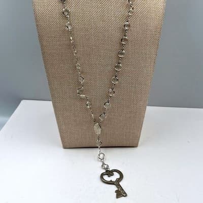Vintage Clear Beaded Rosary Style Necklace Silver Tone Heart Key Pendant Long - Image 1