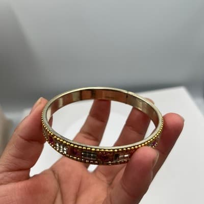Vintage Gold Tone Bangle Bracelet Pink Rhinestone Glitter Mirror Inlay Stackable - Thumbnail 5