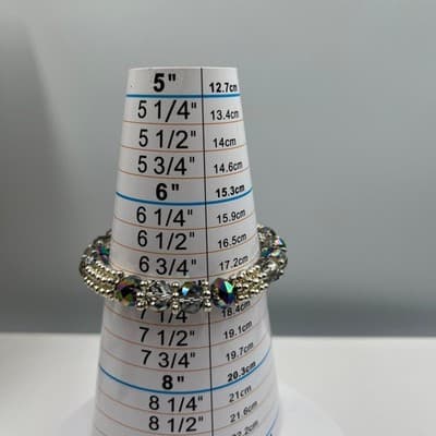 Vintage Iridescent Crystal Beaded Bracelet Silver Tone 7 Inch Aurora Borealis AB - Thumbnail 7
