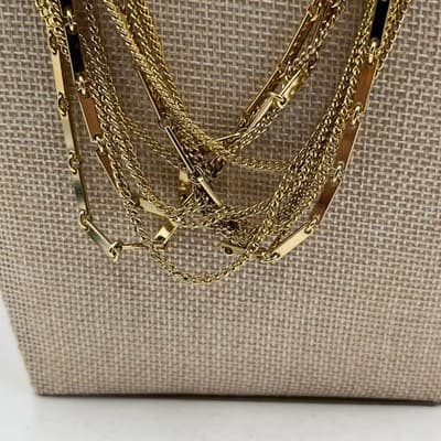 Vintage Gold Tone Fashion Multi Strand Chain Necklace Layered Bar Link Statement - Thumbnail 3