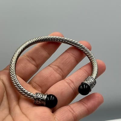 Vintage Silver Tone Twisted Cable Cuff Bracelet Black Bead Filigree Statement - Thumbnail 6