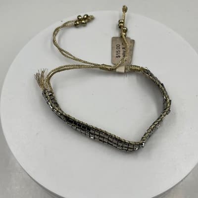 Vintage Shelly & Co Cord Bracelet Silver Tone Square Beads & Crystal Accent Rows - Thumbnail 2