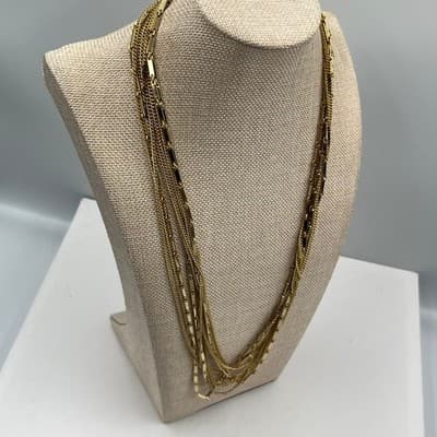 Vintage Gold Tone Fashion Multi Strand Chain Necklace Layered Bar Link Statement - Thumbnail 5