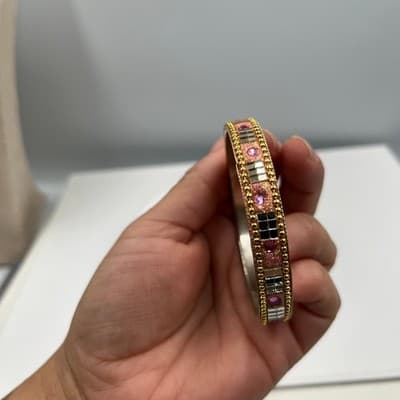 Vintage Gold Tone Bangle Bracelet Pink Rhinestone Glitter Mirror Inlay Stackable - Thumbnail 6