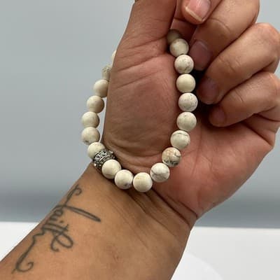 VTG Cream Marbled Beads Stretch Bracelet Silver Tone Rhinestone Spacer Jewelry - Thumbnail 7