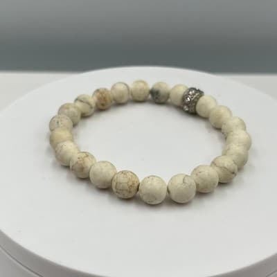 VTG Cream Marbled Beads Stretch Bracelet Silver Tone Rhinestone Spacer Jewelry - Thumbnail 3