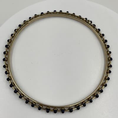 Vintage Gold Tone Bangle Bracelet Navy Blue Seed Bead Inlay Boho Stackable Gift - Thumbnail 2
