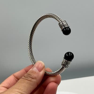 Vintage Silver Tone Twisted Cable Cuff Bracelet Black Bead Filigree Statement - Thumbnail 4