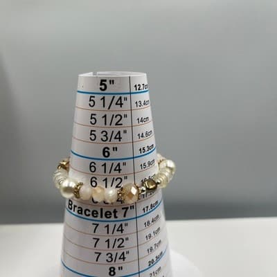 Vintage Neutral Beaded Stretch Bracelet Faux Pearl Gold Tone Mixed Beads Boho - Thumbnail 6