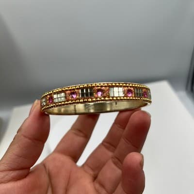 Vintage Gold Tone Bangle Bracelet Pink Rhinestone Glitter Mirror Inlay Stackable - Thumbnail 4
