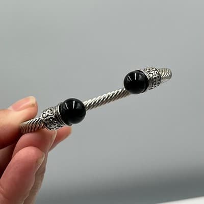 Vintage Silver Tone Twisted Cable Cuff Bracelet Black Bead Filigree Statement - Thumbnail 5