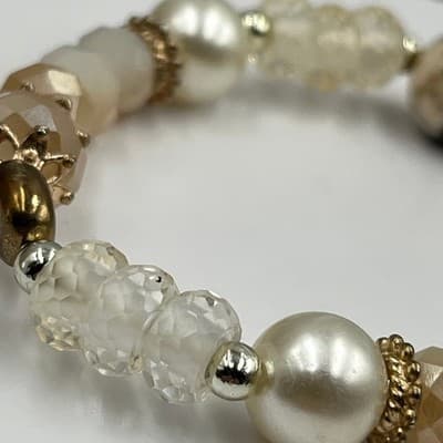 Vintage Neutral Beaded Stretch Bracelet Faux Pearl Gold Tone Mixed Beads Boho - Thumbnail 4